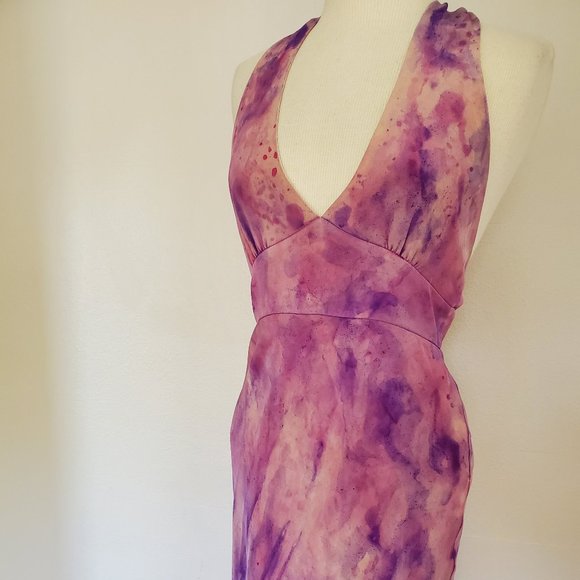 Silk Short midi halter Dress 6 8 10 bridesmaid party tiedyed painted purple pink - Picture 4 of 10